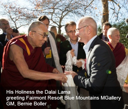 His Holiness the Dalai Lama greeting Fairmont Resort Blue Mountains MGallery GM, Bernie Boller